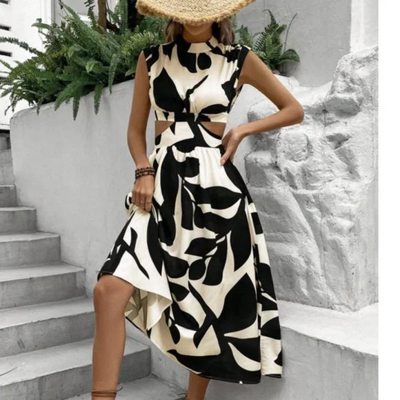 Boho Leaf Print Cut Out Waist Dress - Picture 2 of 9